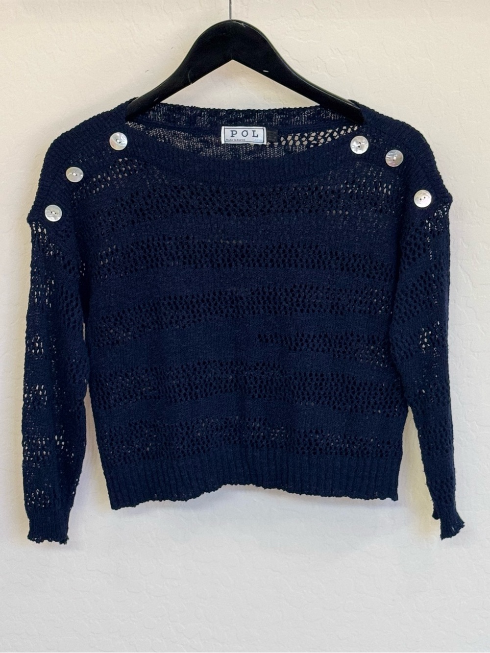 POL Clothing Navy Blue Open Knit Crop Sweater Size Large Button Shoulder